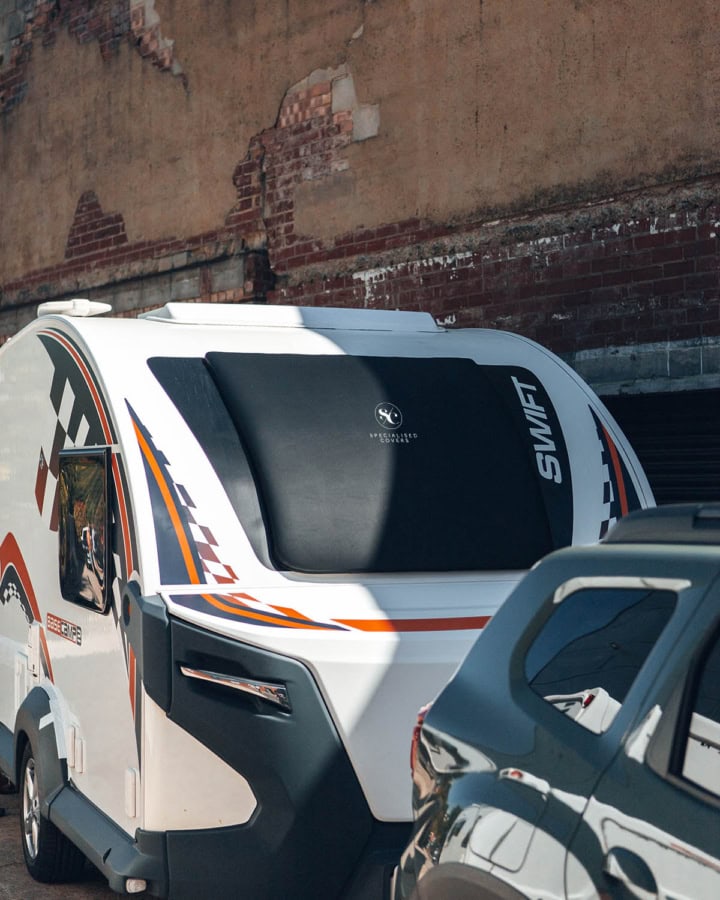 High-quality camper cover custom-fit for Swift Basecamp Elite, weatherproof and durable to shield your caravan during storage or transport.