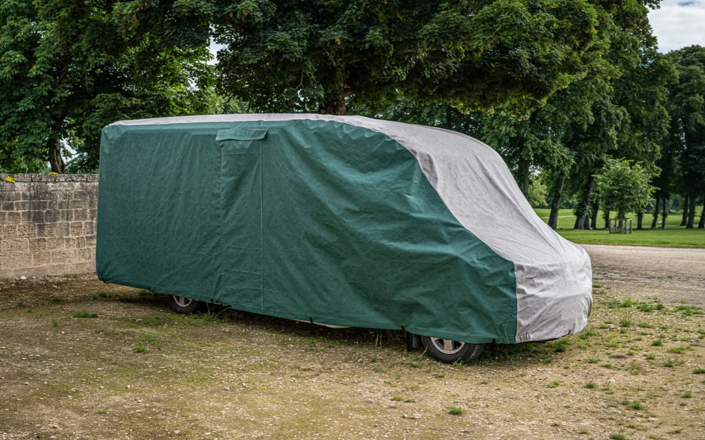 A picture of a Motorhome Cover in green and grey.