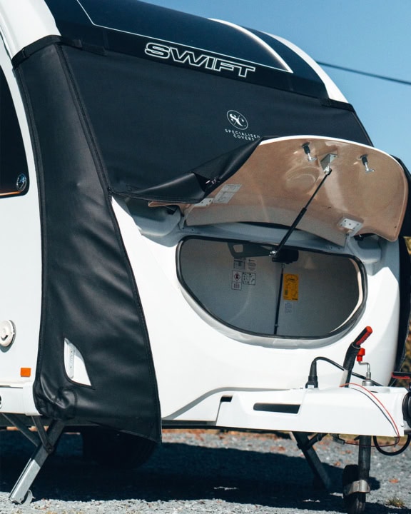 Heavy-duty caravan wheel cover from Specialised Covers protecting your leisure vehicle, durable waterproof caravan cover for outdoor storage, tailored to fit real wheel dimensions.