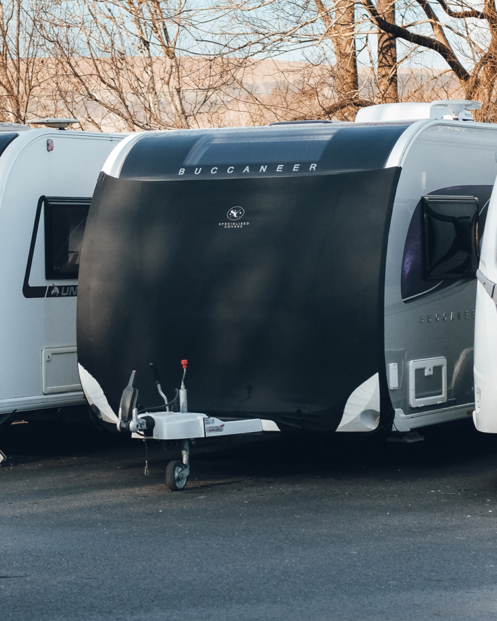 Universal caravan towing cover for Buccaneer caravans, providing protection against weather elements and road debris during transportation.