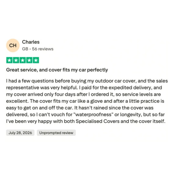 Customer review for Specialised Covers highlighting excellent service and perfect fit for outdoor car cover.