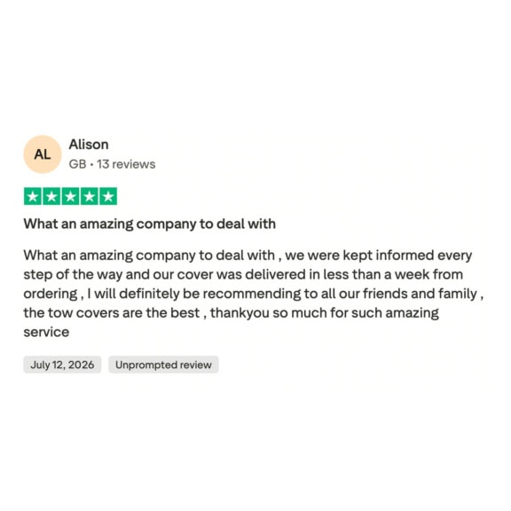 Customer review for Specialised Covers highlighting excellent service and quality tow covers, with a 5-star rating.