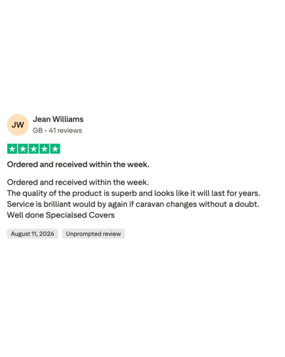 Customer review from Jean Williams praising Specialised Covers for quality, service, and timely delivery.
