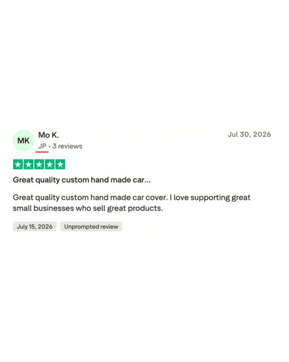 Customer review for specialised covers' custom car cover, highlighting quality and support for small businesses.