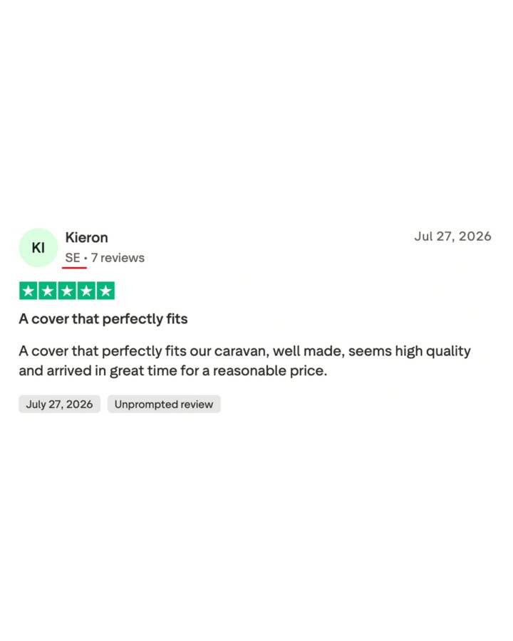 Customer review for Specialised Covers highlighting perfect fit, quality, and value for caravan covers.