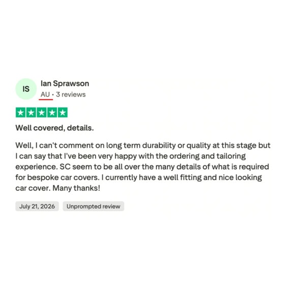 Customer review for Specialised Covers highlighting durability and fit of car covers, with a 5-star rating and positive feedback.
