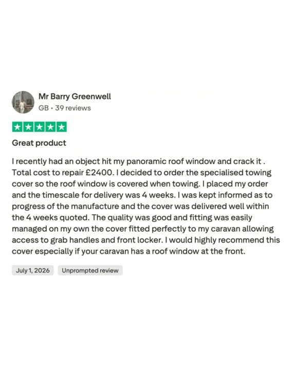 Customer review for specialised covers on Trustpilot, praising quality and fit for caravan roof window cover.