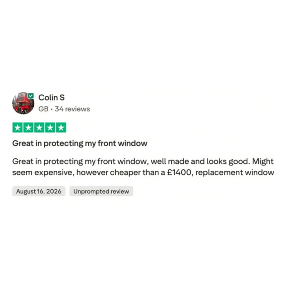 Customer review for specialised covers front window protection, highlighting quality and affordability.