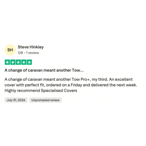 Customer review for Specialised Covers showcasing high-quality caravan covers and excellent service.