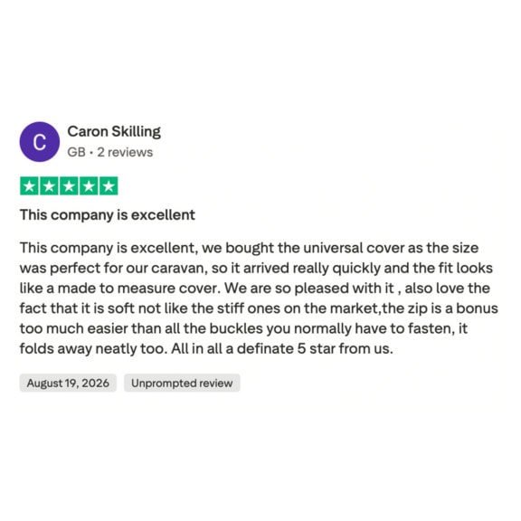 Customer review praising Specialised Covers for their universal caravan cover, perfect fit, soft material, and easy-to-use zip, with a 5-star rating.