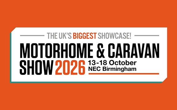 Promotional banner for the UK's biggest Motorhome & Caravan Show 2026 at NEC Birmingham, highlighting dates from 13-18 October.
