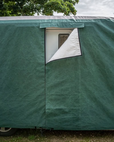A velcro door opening in a Motorhome cover.