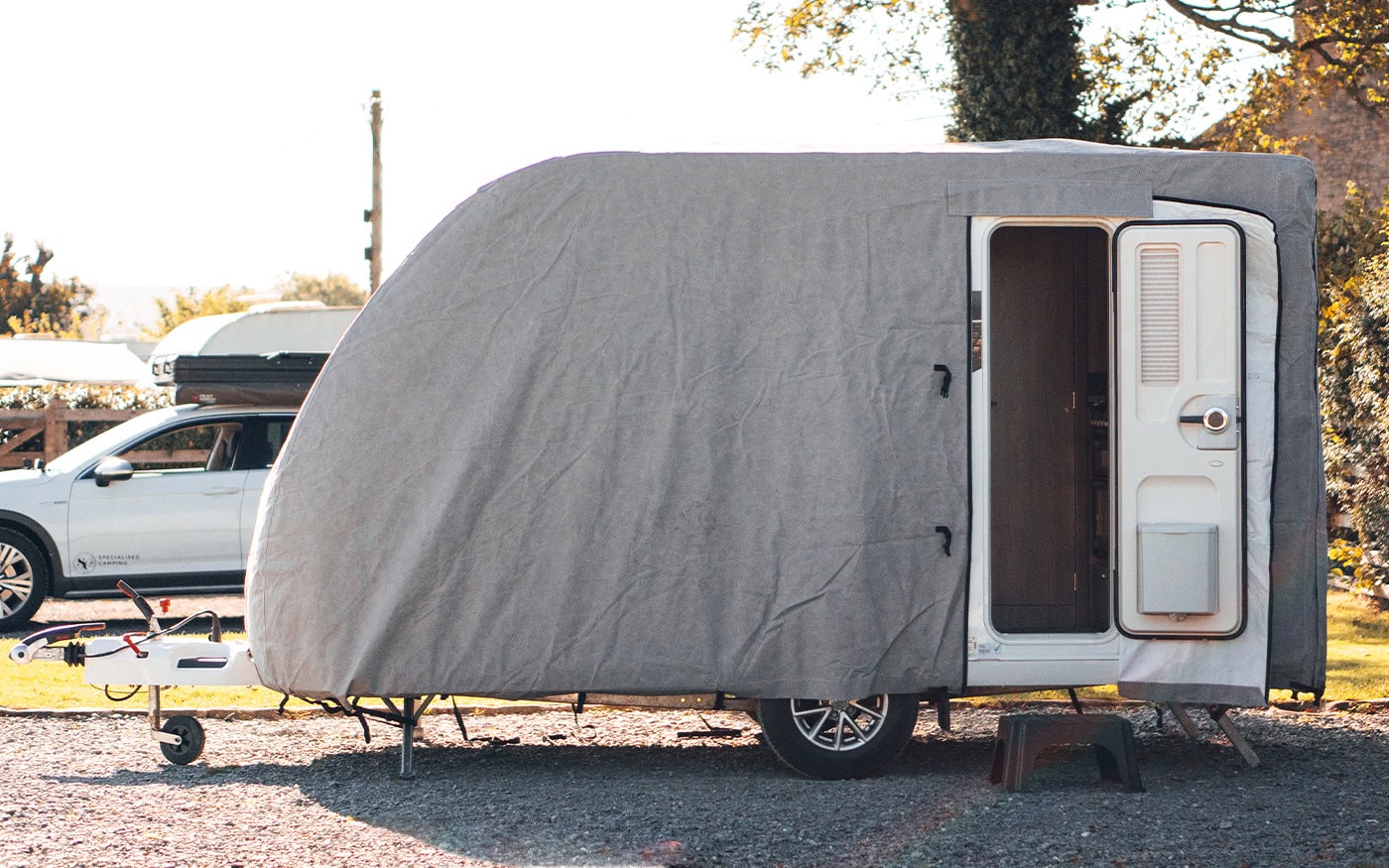High-quality caravan cover shielding against weather damage and dirt.