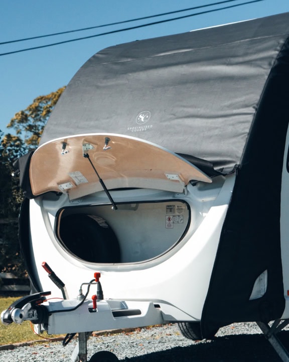 High-quality waterproof caravan cover for tow pro infinity models, providing durable protection against weather elements. Custom-fit outdoor cover designed for caravans, easy to install and maintain.
