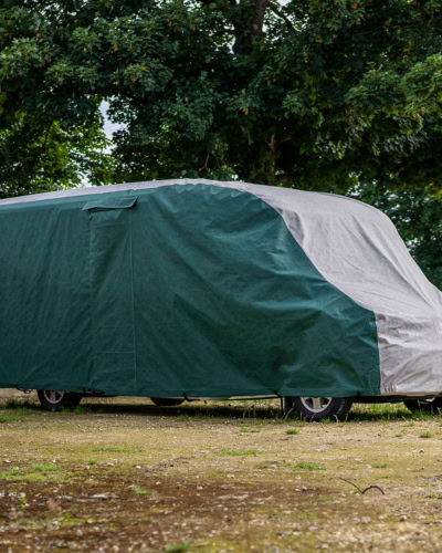 A picture of a Motorhome Cover in green and grey