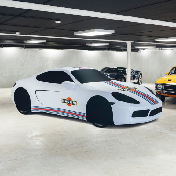 A custom printed Martini Livery cover on a Porsche.