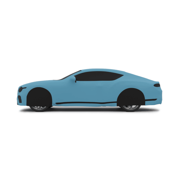 A side view of a Indoor Silhouette cover in blue with black accents on a Bentley.