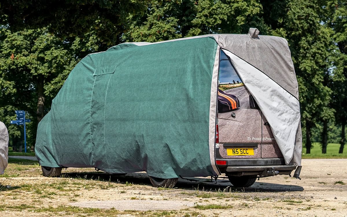 Durable outdoor motorhome cover for protection against weather elements and UV rays. Custom-fit to keep your camper safe during storage or travel.