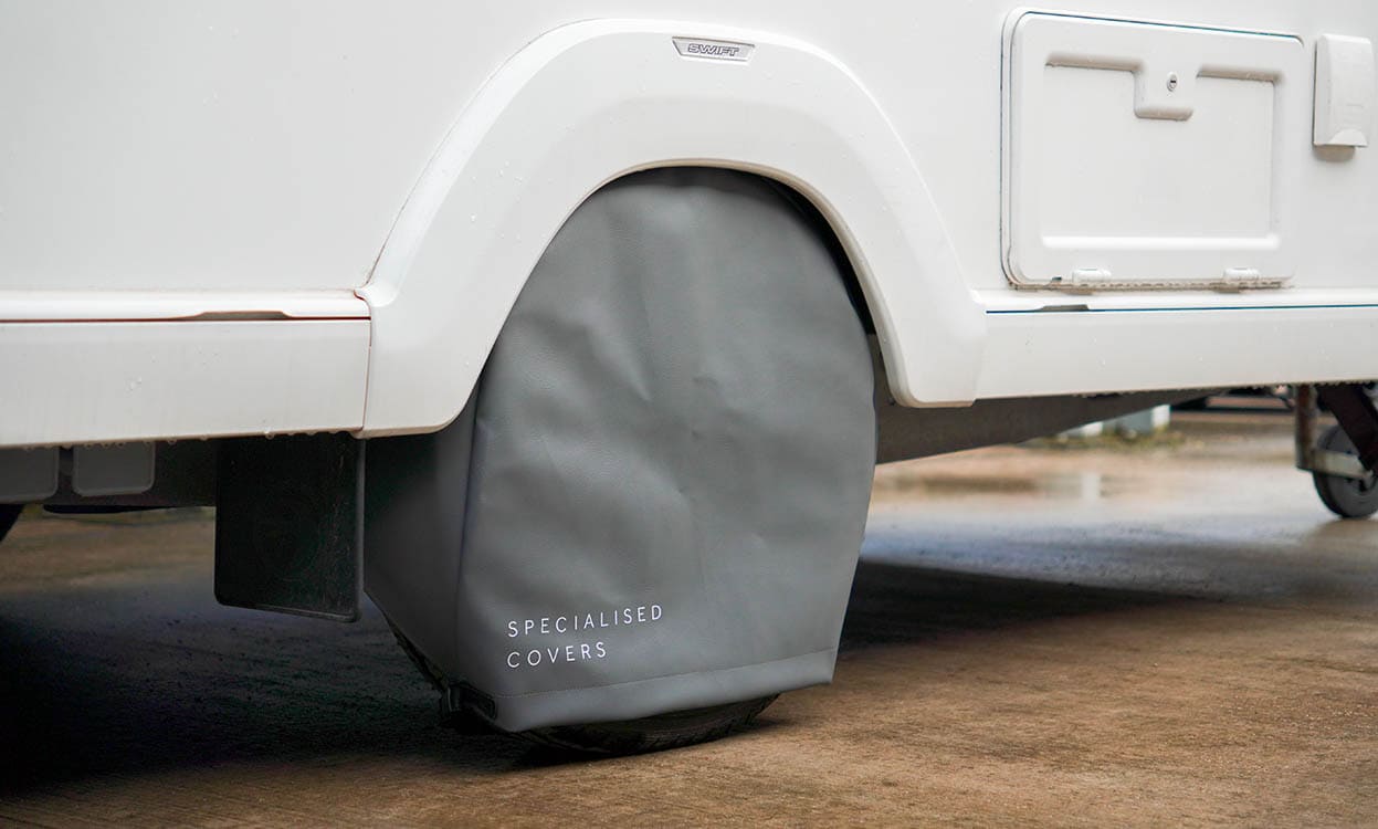 High-quality caravan wheel cover designed for weather protection and durability. Fits securely around wheels to prevent damage from road debris, UV rays, and weather elements.