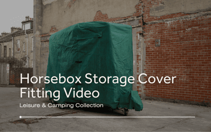 High-quality horsebox storage cover fitted on a horsebox in an urban environment, showcasing durable, weatherproof material designed for secure transport and protection of horses.