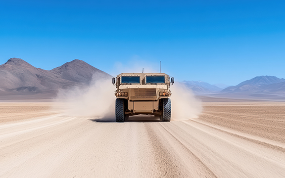 Heavy military vehicle driving across a desert landscape with mountains in the background, showcasing rugged terrain and extreme conditions.